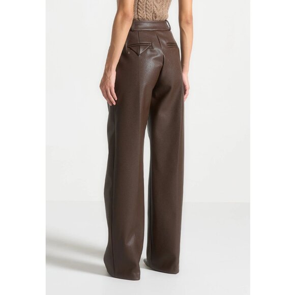 Maniere de Voir Pebbled Leather Pleated Stacked Trousers - Brown. Size 0. NWT - Picture 7 of 9